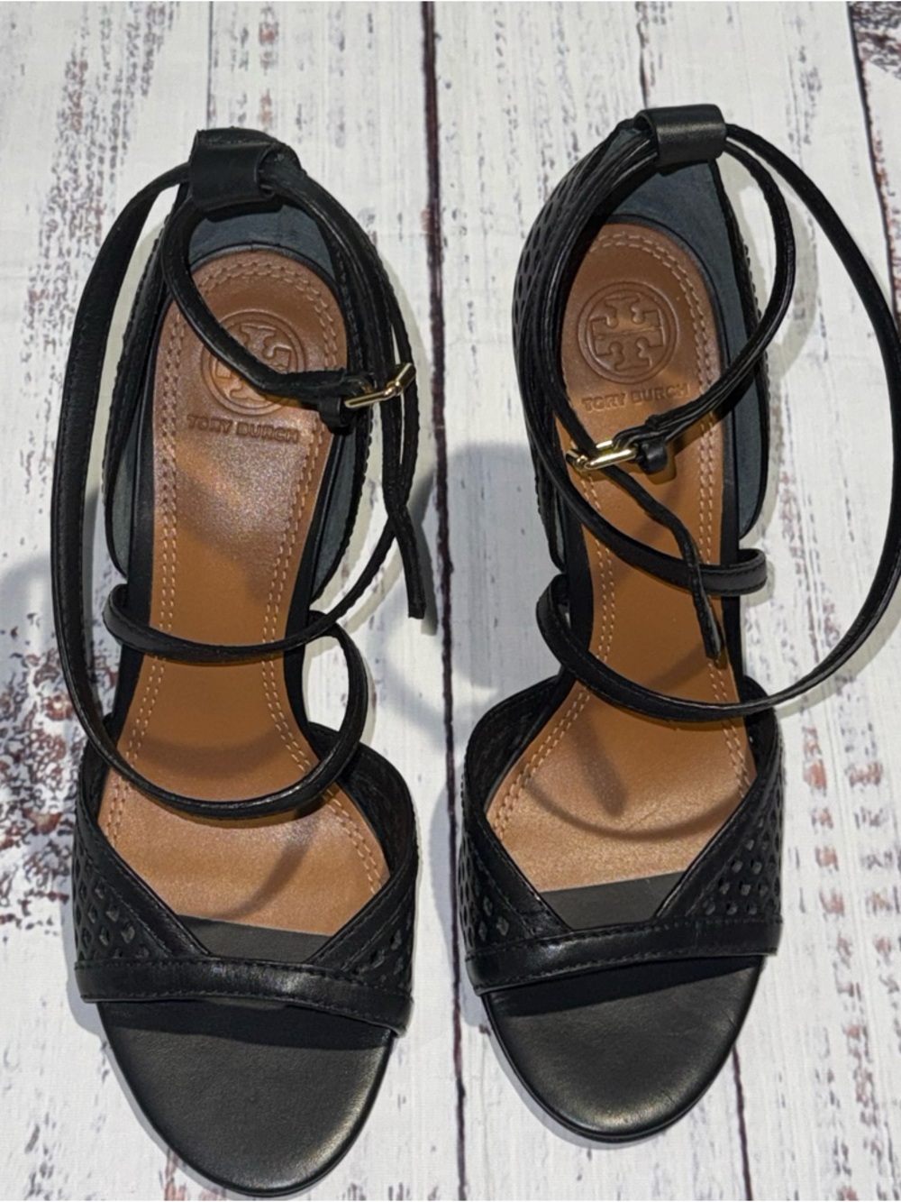 Tory Burch Alyssa Wedge - Black Leather Strappy Ankle-Tie Sandals